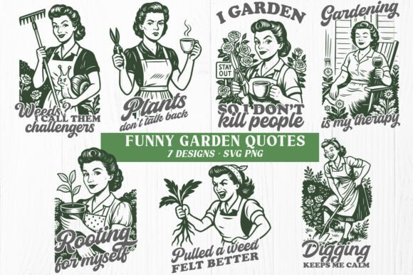 Funny Garden Quotes SVG PNG Retro Bundle for Graphics and Crafts